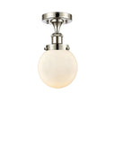 916-1C-PN-G201-6 1-Light 6" Polished Nickel Semi-Flush Mount - Matte White Cased Beacon Glass - LED Bulb - Dimmensions: 6 x 6 x 11 - Sloped Ceiling Compatible: No
