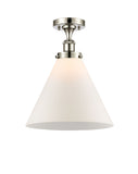 916-1C-PN-G41-L 1-Light 8" Polished Nickel Semi-Flush Mount - Matte White Cased Cone 12" Glass - LED Bulb - Dimmensions: 8 x 8 x 13 - Sloped Ceiling Compatible: No