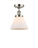 916-1C-PN-G41 1-Light 8" Polished Nickel Semi-Flush Mount - Matte White Cased Large Cone Glass - LED Bulb - Dimmensions: 8 x 8 x 13 - Sloped Ceiling Compatible: No