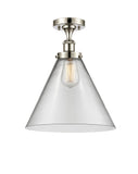 916-1C-PN-G42-L 1-Light 8" Polished Nickel Semi-Flush Mount - Clear Cone 12" Glass - LED Bulb - Dimmensions: 8 x 8 x 13 - Sloped Ceiling Compatible: No