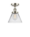 916-1C-PN-G42 1-Light 8" Polished Nickel Semi-Flush Mount - Clear Large Cone Glass - LED Bulb - Dimmensions: 8 x 8 x 13 - Sloped Ceiling Compatible: No
