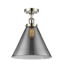 916-1C-PN-G43-L 1-Light 8" Polished Nickel Semi-Flush Mount - Plated Smoke Cone 12" Glass - LED Bulb - Dimmensions: 8 x 8 x 13 - Sloped Ceiling Compatible: No