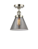 916-1C-PN-G43 1-Light 8" Polished Nickel Semi-Flush Mount - Plated Smoke Large Cone Glass - LED Bulb - Dimmensions: 8 x 8 x 13 - Sloped Ceiling Compatible: No