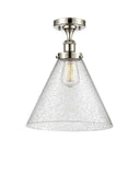 916-1C-PN-G44-L 1-Light 8" Polished Nickel Semi-Flush Mount - Seedy Cone 12" Glass - LED Bulb - Dimmensions: 8 x 8 x 13 - Sloped Ceiling Compatible: No