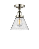 916-1C-PN-G44 1-Light 8" Polished Nickel Semi-Flush Mount - Seedy Large Cone Glass - LED Bulb - Dimmensions: 8 x 8 x 13 - Sloped Ceiling Compatible: No