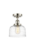 916-1C-PN-G713 1-Light 8" Polished Nickel Semi-Flush Mount - Clear Deco Swirl Large Bell Glass - LED Bulb - Dimmensions: 8 x 8 x 13 - Sloped Ceiling Compatible: No