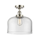 916-1C-PN-G72-L 1-Light 8" Polished Nickel Semi-Flush Mount - Clear X-Large Bell Glass - LED Bulb - Dimmensions: 8 x 8 x 13 - Sloped Ceiling Compatible: No
