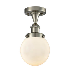 1-Light 6" Brushed Satin Nickel Flush Mount - Matte White Cased Beacon Glass Shade - Choice of Finish And Incandesent Or LED Bulbs