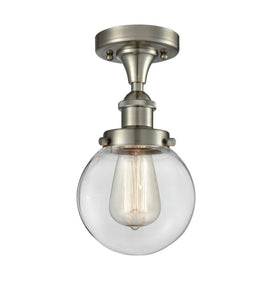 1-Light 6" Brushed Satin Nickel Flush Mount - Clear Beacon Glass Shade - Choice of Finish And Incandesent Or LED Bulbs