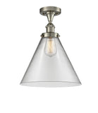 916-1C-SN-G42-L 1-Light 8" Brushed Satin Nickel Semi-Flush Mount - Clear Cone 12" Glass - LED Bulb - Dimmensions: 8 x 8 x 13 - Sloped Ceiling Compatible: No