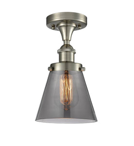 1-Light 6" Brushed Satin Nickel Flush Mount - Plated Smoke Small Cone Glass Shade - LED Bulb