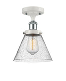 916-1C-WPC-G44 1-Light 8" White and Polished Chrome Semi-Flush Mount - Seedy Large Cone Glass - LED Bulb - Dimmensions: 8 x 8 x 13 - Sloped Ceiling Compatible: No