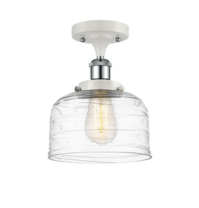 1-Light 8" Antique Copper Semi-Flush Mount - Clear Deco Swirl Large Bell Glass LED