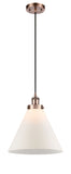 916-1P-AC-G41-L Cord Hung 8" Antique Copper Mini Pendant - Matte White Cased Cone 12" Glass - LED Bulb - Dimmensions: 8 x 8 x 10<br>Minimum Height : 13.75<br>Maximum Height : 131.75 - Sloped Ceiling Compatible: Yes