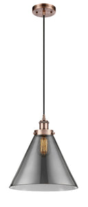 916-1P-AC-G43-L Cord Hung 8" Antique Copper Mini Pendant - Plated Smoke Cone 12" Glass - LED Bulb - Dimmensions: 8 x 8 x 10<br>Minimum Height : 13.75<br>Maximum Height : 131.75 - Sloped Ceiling Compatible: Yes