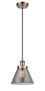 Cord Hung 8" Antique Copper Mini Pendant - Plated Smoke Large Cone Glass LED