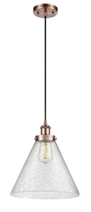 916-1P-AC-G44-L Cord Hung 8" Antique Copper Mini Pendant - Seedy Cone 12" Glass - LED Bulb - Dimmensions: 8 x 8 x 10<br>Minimum Height : 13.75<br>Maximum Height : 131.75 - Sloped Ceiling Compatible: Yes