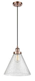 916-1P-AC-G44-L Cord Hung 8" Antique Copper Mini Pendant - Seedy Cone 12" Glass - LED Bulb - Dimmensions: 8 x 8 x 10<br>Minimum Height : 13.75<br>Maximum Height : 131.75 - Sloped Ceiling Compatible: Yes