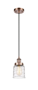 Cord Hung 5" Antique Copper Mini Pendant - Clear Deco Swirl Small Bell Glass LED