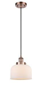 Cord Hung 8" Antique Copper Mini Pendant - Matte White Cased Large Bell Glass LED