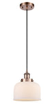 Cord Hung 8" Antique Copper Mini Pendant - Matte White Cased Large Bell Glass LED