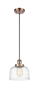 Cord Hung 8" Antique Copper Mini Pendant - Clear Deco Swirl Large Bell Glass LED