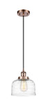 Cord Hung 8" Antique Copper Mini Pendant - Clear Deco Swirl Large Bell Glass LED