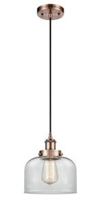 Cord Hung 8" Antique Copper Mini Pendant - Clear Large Bell Glass LED