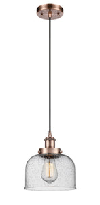 Cord Hung 8" Antique Copper Mini Pendant - Seedy Large Bell Glass LED
