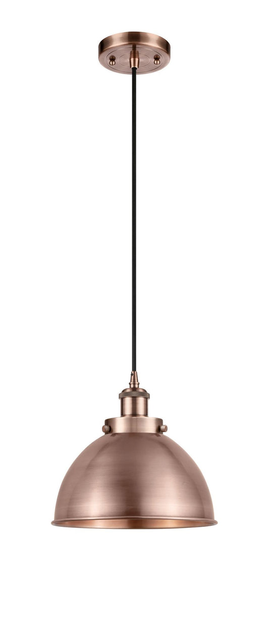 916-1P-AC-MFD-10-AC Cord Hung 10" Antique Copper Mini Pendant - Matte Black Ballston Urban Shade - LED Bulb - Dimmensions: 10 x 10 x 10.5<br>Minimum Height : 13.5<br>Maximum Height : 130.5 - Sloped Ceiling Compatible: Yes