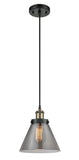 916-1P-BAB-G43 Cord Hung 8" Black Antique Brass Mini Pendant - Plated Smoke Large Cone Glass - LED Bulb - Dimmensions: 8 x 8 x 10<br>Minimum Height : 13.75<br>Maximum Height : 131.75 - Sloped Ceiling Compatible: Yes