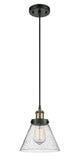 916-1P-BAB-G44 Cord Hung 8" Black Antique Brass Mini Pendant - Seedy Large Cone Glass - LED Bulb - Dimmensions: 8 x 8 x 10<br>Minimum Height : 13.75<br>Maximum Height : 131.75 - Sloped Ceiling Compatible: Yes