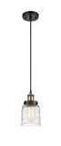 916-1P-BAB-G513 Cord Hung 5" Black Antique Brass Mini Pendant - Clear Deco Swirl Small Bell Glass - LED Bulb - Dimmensions: 5 x 5 x 10<br>Minimum Height : 12.75<br>Maximum Height : 130.75 - Sloped Ceiling Compatible: Yes