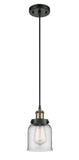 916-1P-BAB-G52 Cord Hung 5" Black Antique Brass Mini Pendant - Clear Small Bell Glass - LED Bulb - Dimmensions: 5 x 5 x 10<br>Minimum Height : 12.75<br>Maximum Height : 130.75 - Sloped Ceiling Compatible: Yes