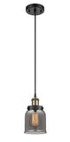 916-1P-BAB-G53 Cord Hung 5" Black Antique Brass Mini Pendant - Plated Smoke Small Bell Glass - LED Bulb - Dimmensions: 5 x 5 x 10<br>Minimum Height : 12.75<br>Maximum Height : 130.75 - Sloped Ceiling Compatible: Yes