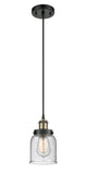 916-1P-BAB-G54 Cord Hung 5" Black Antique Brass Mini Pendant - Seedy Small Bell Glass - LED Bulb - Dimmensions: 5 x 5 x 10<br>Minimum Height : 12.75<br>Maximum Height : 130.75 - Sloped Ceiling Compatible: Yes