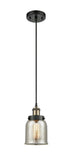 916-1P-BAB-G58 Cord Hung 5" Black Antique Brass Mini Pendant - Silver Plated Mercury Small Bell Glass - LED Bulb - Dimmensions: 5 x 5 x 10<br>Minimum Height : 12.75<br>Maximum Height : 130.75 - Sloped Ceiling Compatible: Yes