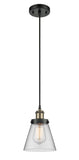 916-1P-BAB-G62 Cord Hung 6" Black Antique Brass Mini Pendant - Clear Small Cone Glass - LED Bulb - Dimmensions: 6 x 6 x 9<br>Minimum Height : 12.75<br>Maximum Height : 130.75 - Sloped Ceiling Compatible: Yes