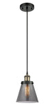 916-1P-BAB-G63 Cord Hung 6" Black Antique Brass Mini Pendant - Plated Smoke Small Cone Glass - LED Bulb - Dimmensions: 6 x 6 x 9<br>Minimum Height : 12.75<br>Maximum Height : 130.75 - Sloped Ceiling Compatible: Yes