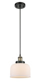 916-1P-BAB-G71 Cord Hung 8" Black Antique Brass Mini Pendant - Matte White Cased Large Bell Glass - LED Bulb - Dimmensions: 8 x 8 x 10<br>Minimum Height : 13.75<br>Maximum Height : 131.75 - Sloped Ceiling Compatible: Yes