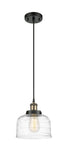 916-1P-BAB-G713 Cord Hung 8" Black Antique Brass Mini Pendant - Clear Deco Swirl Large Bell Glass - LED Bulb - Dimmensions: 8 x 8 x 10<br>Minimum Height : 13.75<br>Maximum Height : 131.75 - Sloped Ceiling Compatible: Yes