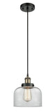 916-1P-BAB-G72 Cord Hung 8" Black Antique Brass Mini Pendant - Clear Large Bell Glass - LED Bulb - Dimmensions: 8 x 8 x 9<br>Minimum Height : 13.75<br>Maximum Height : 131.75 - Sloped Ceiling Compatible: Yes