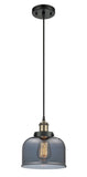 916-1P-BAB-G73 Cord Hung 8" Black Antique Brass Mini Pendant - Plated Smoke Large Bell Glass - LED Bulb - Dimmensions: 8 x 8 x 10<br>Minimum Height : 13.75<br>Maximum Height : 131.75 - Sloped Ceiling Compatible: Yes