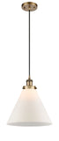 916-1P-BB-G41-L Cord Hung 8" Brushed Brass Mini Pendant - Matte White Cased Cone 12" Glass - LED Bulb - Dimmensions: 8 x 8 x 10<br>Minimum Height : 13.75<br>Maximum Height : 131.75 - Sloped Ceiling Compatible: Yes