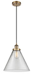 916-1P-BB-G42-L Cord Hung 8" Brushed Brass Mini Pendant - Clear Cone 12" Glass - LED Bulb - Dimmensions: 8 x 8 x 10<br>Minimum Height : 13.75<br>Maximum Height : 131.75 - Sloped Ceiling Compatible: Yes