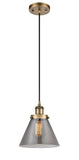 916-1P-BB-G43 Cord Hung 8" Brushed Brass Mini Pendant - Plated Smoke Large Cone Glass - LED Bulb - Dimmensions: 8 x 8 x 10<br>Minimum Height : 13.75<br>Maximum Height : 131.75 - Sloped Ceiling Compatible: Yes