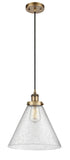 916-1P-BB-G44-L Cord Hung 8" Brushed Brass Mini Pendant - Seedy Cone 12" Glass - LED Bulb - Dimmensions: 8 x 8 x 10<br>Minimum Height : 13.75<br>Maximum Height : 131.75 - Sloped Ceiling Compatible: Yes