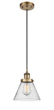 916-1P-BB-G44 Cord Hung 8" Brushed Brass Mini Pendant - Seedy Large Cone Glass - LED Bulb - Dimmensions: 8 x 8 x 10<br>Minimum Height : 13.75<br>Maximum Height : 131.75 - Sloped Ceiling Compatible: Yes