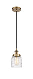 916-1P-BB-G513 Cord Hung 5" Brushed Brass Mini Pendant - Clear Deco Swirl Small Bell Glass - LED Bulb - Dimmensions: 5 x 5 x 10<br>Minimum Height : 12.75<br>Maximum Height : 130.75 - Sloped Ceiling Compatible: Yes
