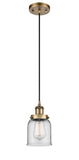 916-1P-BB-G52 Cord Hung 5" Brushed Brass Mini Pendant - Clear Small Bell Glass - LED Bulb - Dimmensions: 5 x 5 x 10<br>Minimum Height : 12.75<br>Maximum Height : 130.75 - Sloped Ceiling Compatible: Yes